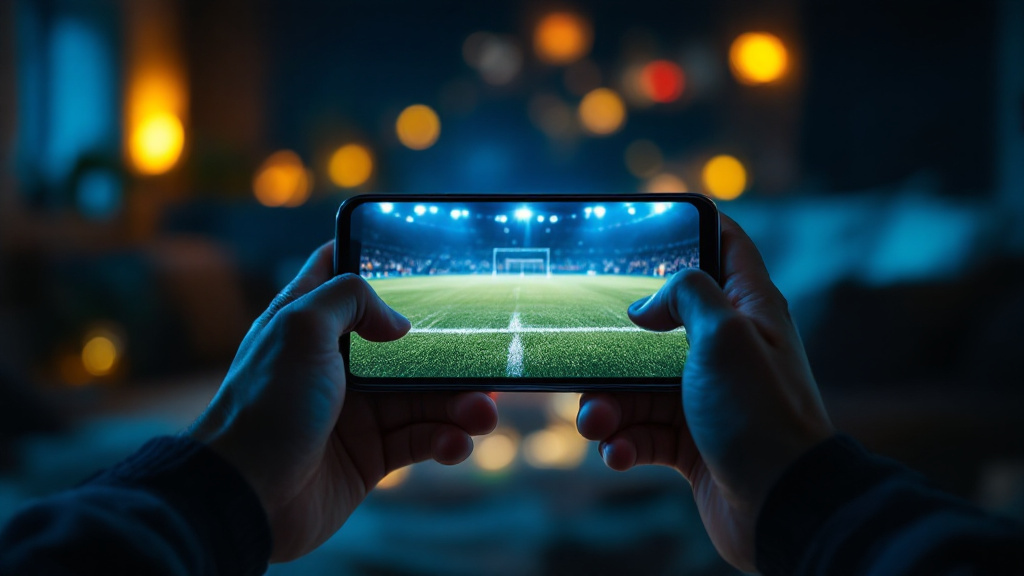 Mãos segurando celular assistindo jogo de futebol