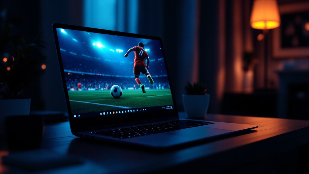 Notebook em mesa escura exibindo transmissão esportiva