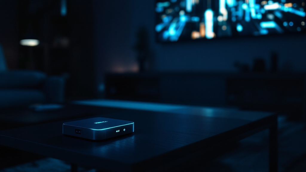 TV Box sobre o rack de TV em ambiente noturno